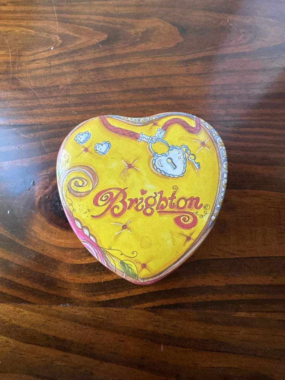 Brighton Heart Shaped Collectible Jewelry Tin Box Yellow and Pink